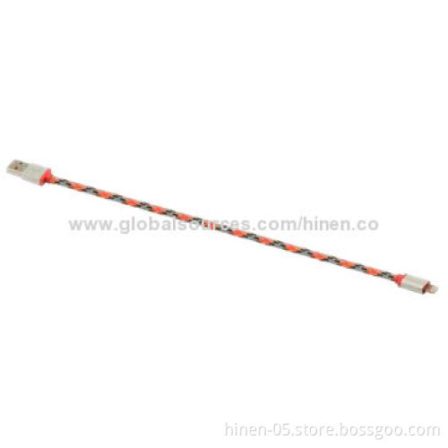 Red netting housing lightning to USB cable, sync data and charging cable